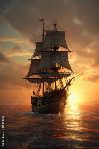 Frigate sailing under full sail at sunset. Generative AI