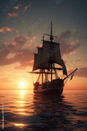 Frigate sailing under full sail at sunset. Generative AI © Agustin
