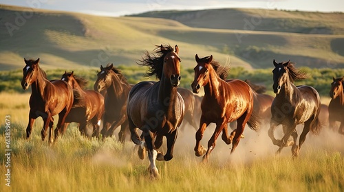 Photographie a herd of horses running through a field of tall grass
