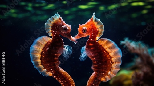  a couple of seahorses in a heart shape in an aquarium. generative ai