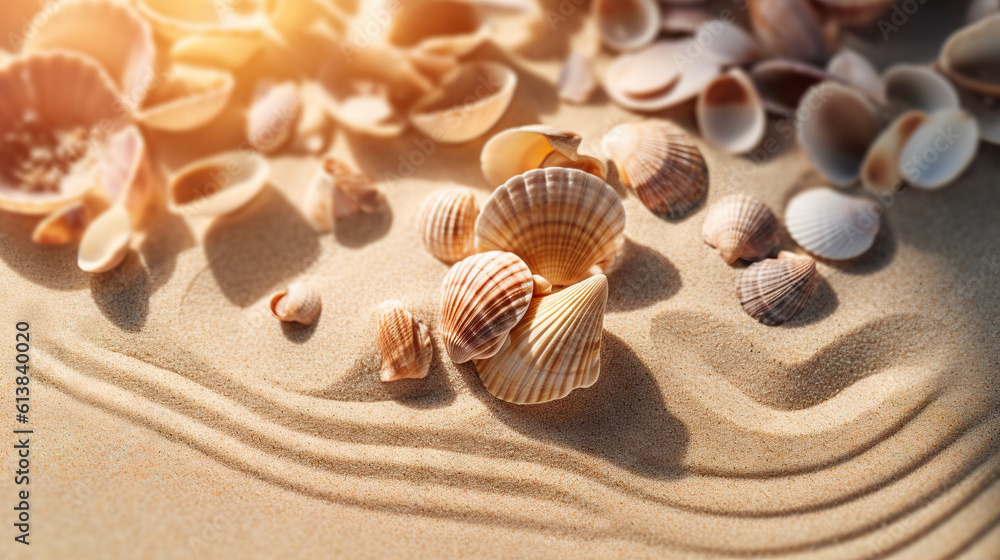 sells on sand at beach with transparent sea water, summer unlight holidays, generative ai sells on sand at beach with transparent sea water, summer unlight holidays, generative ai