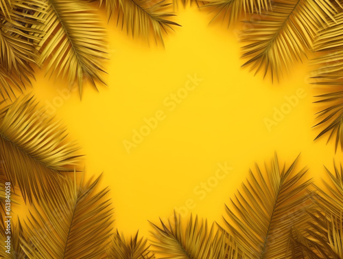 Green tropical palm leaves on yellow background with sunlight. Minimal summer creative flat lay.