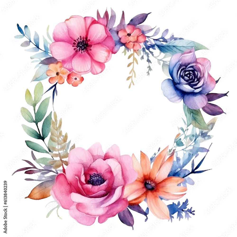 Watercolor flower bouquet wreath frame. Generative AI