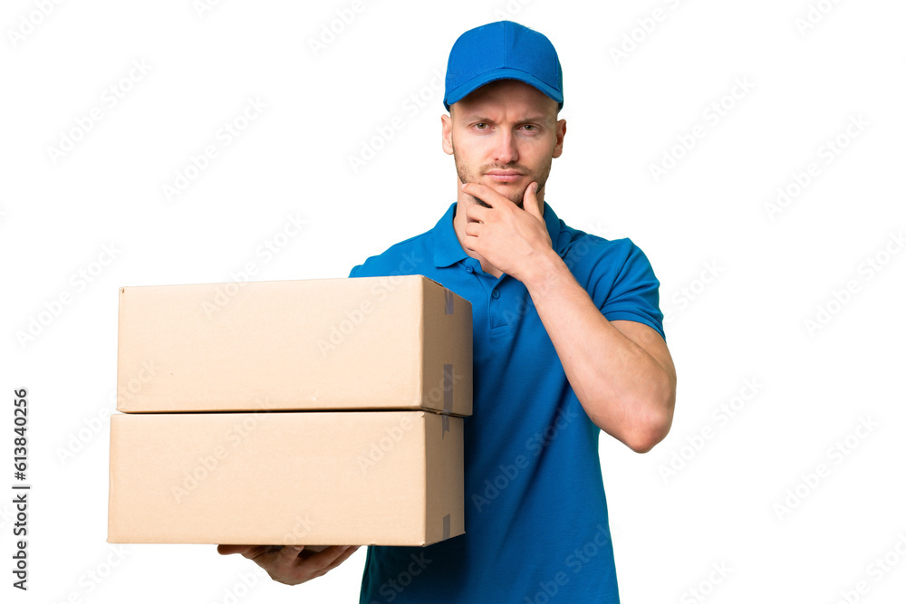Delivery caucasian man over isolated background thinking Delivery caucasian man over isolated background thinking
