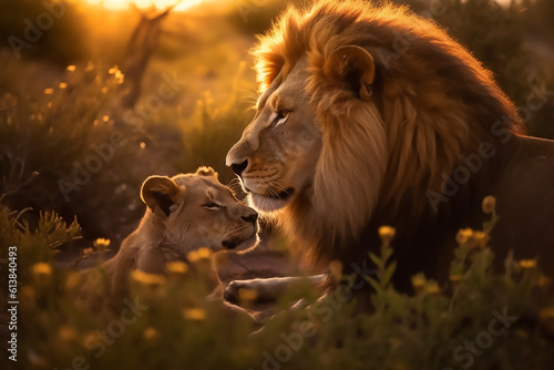 Lion loving his baby lion