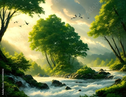 Summer landscape. A beautiful green forest  the sun behind the clouds  flying birds  a flowing river. artstation  matte  crisp focus  Generative AI  Generative  AI