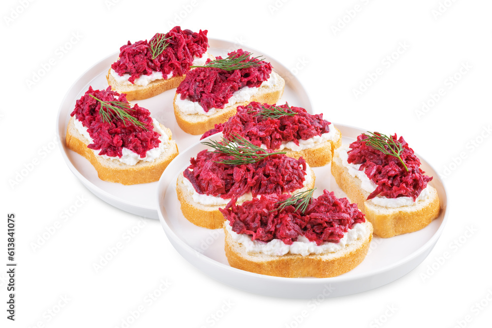 Ricotta beet salad bruschetta on a white isolated background Ricotta beet salad bruschetta on a white isolated background