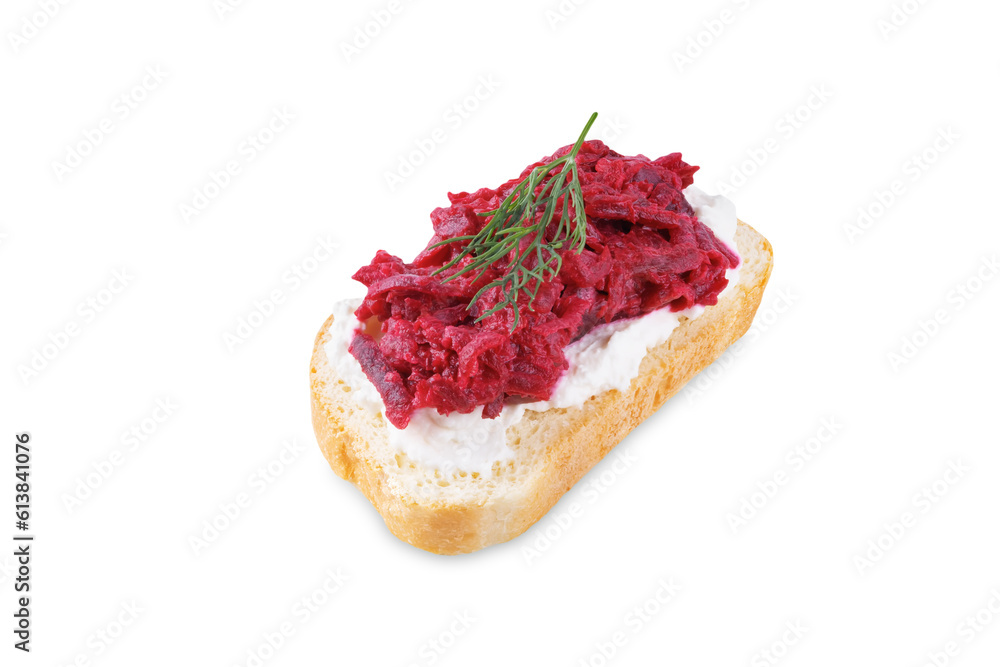 Ricotta beet salad bruschetta on a white isolated background Ricotta beet salad bruschetta on a white isolated background