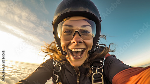Young woman parachutist smiling in free fall. Perfect concept of happiness and freedom. © PaulShlykov