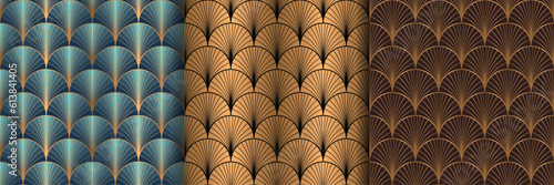 seamless pattern art deco with golden fan shape and line, luxury repeat background vector illustration.