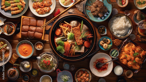 Generative ai illustration of Overhead photo Closeup of traditional Japanese dishes