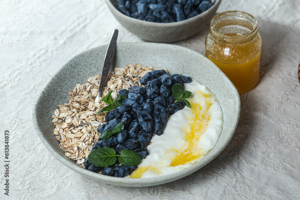 Oatmeal with yogurt and honeysuckle in a bowl Oatmeal with yogurt and honeysuckle in a bowl
