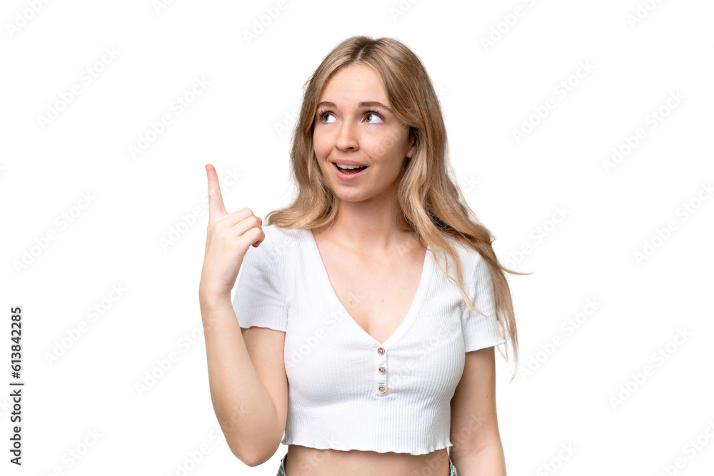 Young English woman over isolated background intending to realizes the solution while lifting a finger up Young English woman over isolated background intending to realizes the solution while lifting a finger up