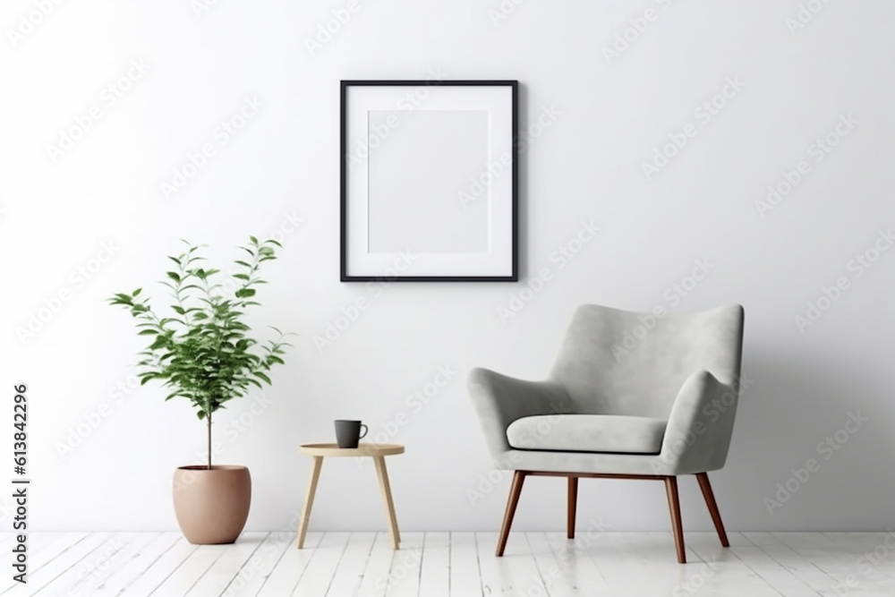 Blank picture frame mockup on gray wall. White living room design. generative AI Blank picture frame mockup on gray wall. White living room design. generative AI