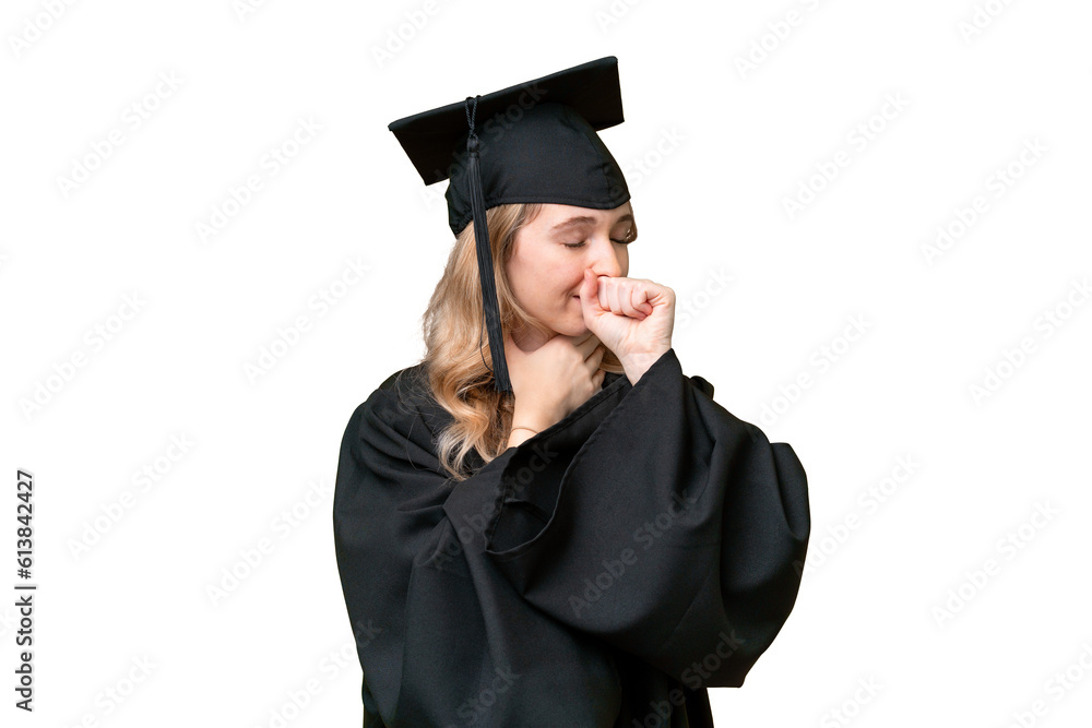 Young university English graduate woman over isolated background is suffering with cough and feeling bad Young university English graduate woman over isolated background is suffering with cough and feeling bad