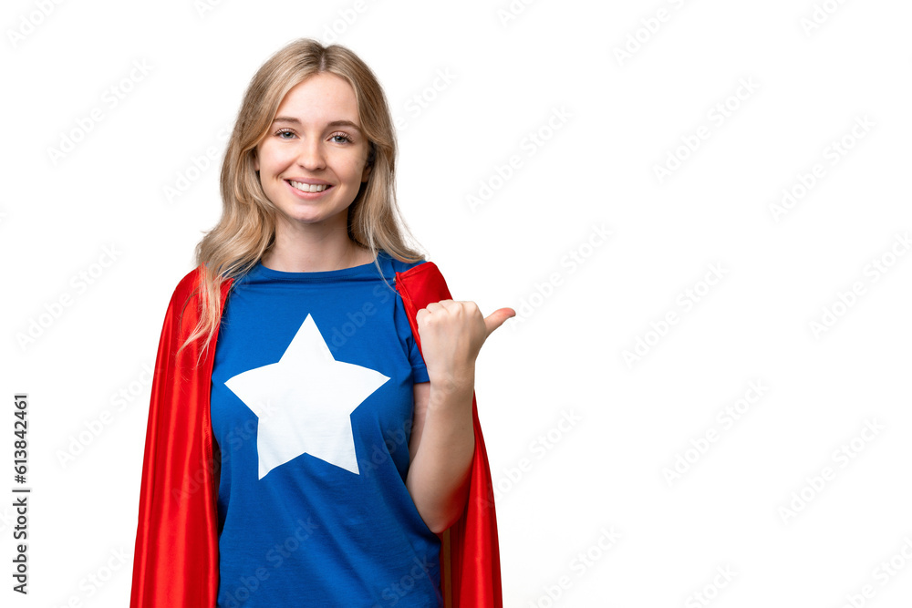 Super Hero English woman over isolated background pointing to the side to present a product Super Hero English woman over isolated background pointing to the side to present a product