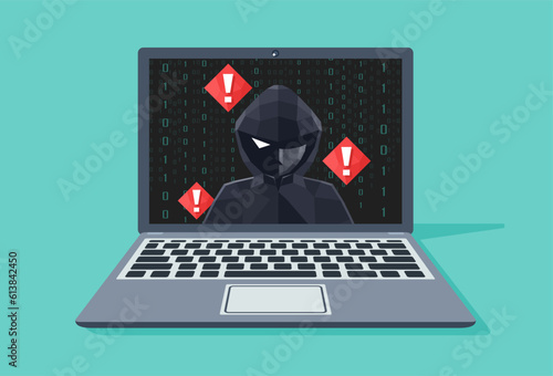 3D Low Polygon Thief Hacker attacks web security by laptop. fraud scam blackmail and steal user private data on devices. vector illustration flat design for cyber criminal awareness concept.