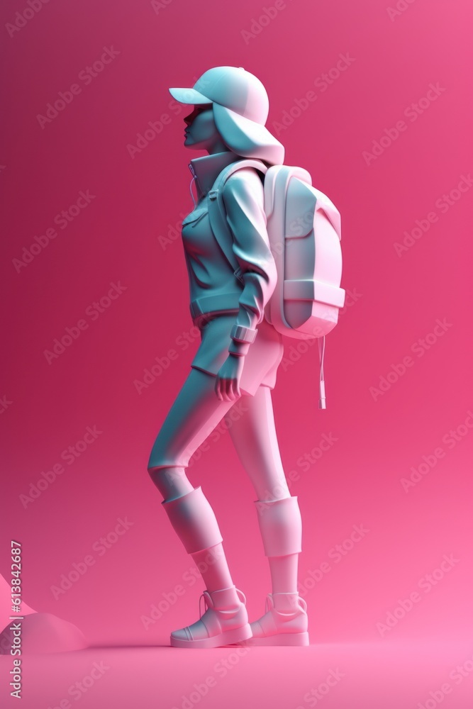 Happy tourist girl  with backpack is ready for adventure. Travel and tourism. Hiking. AI generative