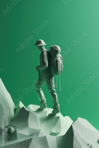 Man with backpack enjoys mountain view and nature. Sports, outdoor recreation, adventures in nature, vacation. Wilderness, adventure travel concept. AI generative.