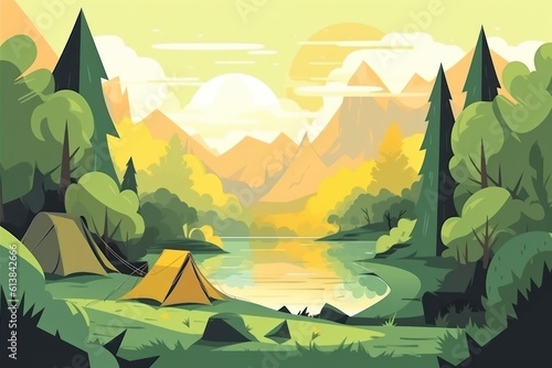 Camping by the lake in the mountains. Illustration of beautiful landscape. AI generative