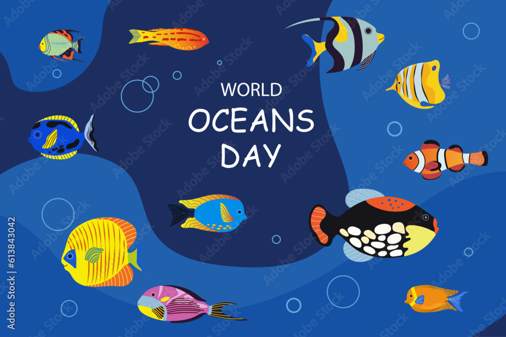 World oceans day. June 8. Underwater ocean background.  Various sea fish.Design, poster, banner, template. Save ocean. Vector illustration.
