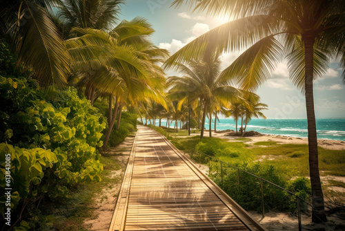 neat wooden path among tall palm trees along the azure sea on a sunny summer day, beautiful landscape generative ai