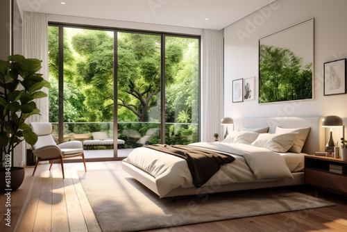 design of a modern bedroom with panoramic windows overlooking a green dense forest on a sunny summer day generative ai