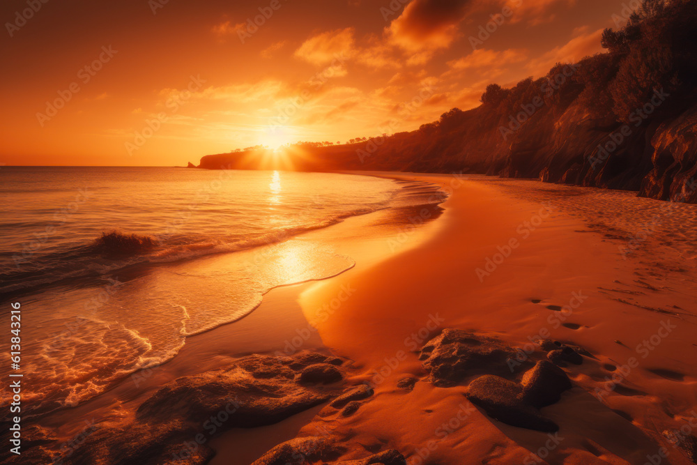 beautiful warm sunset on the seashore, soft calm waves of sea water in the warm light of the golden sun generative ai beautiful warm sunset on the seashore, soft calm waves of sea water in the warm light of the golden sun generative ai
