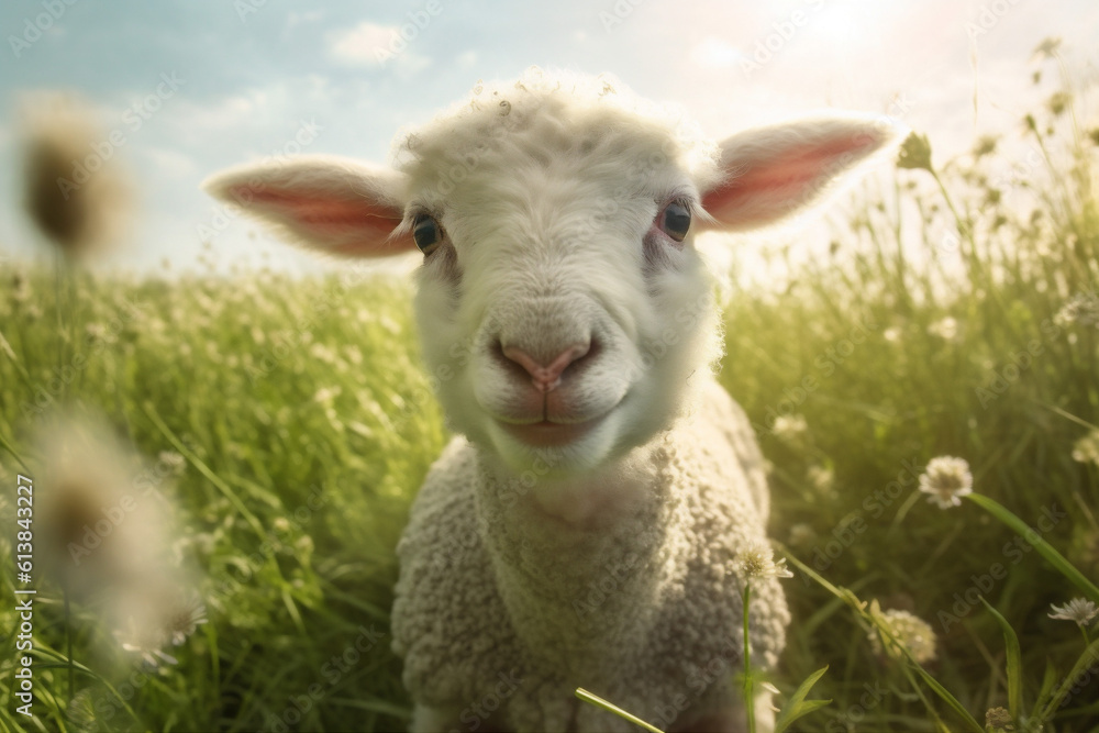 farm green animal lamb sheep sun meadow wool field grass. Generative AI.