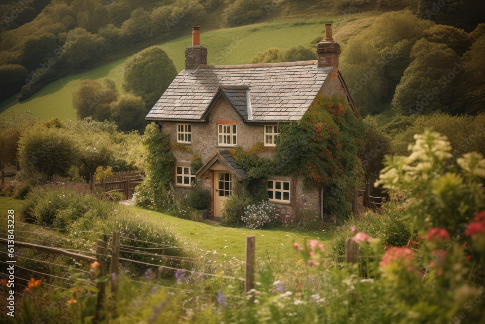 cozy house on a green hilly area among greenery and flowers, a quiet, calm, relaxing place generative ai cozy house on a green hilly area among greenery and flowers, a quiet, calm, relaxing place generative ai