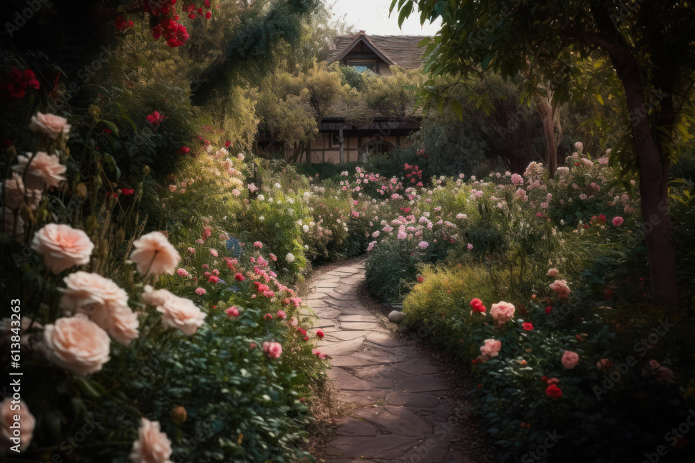 path in the garden near the house where many beautiful flowers grow generative ai