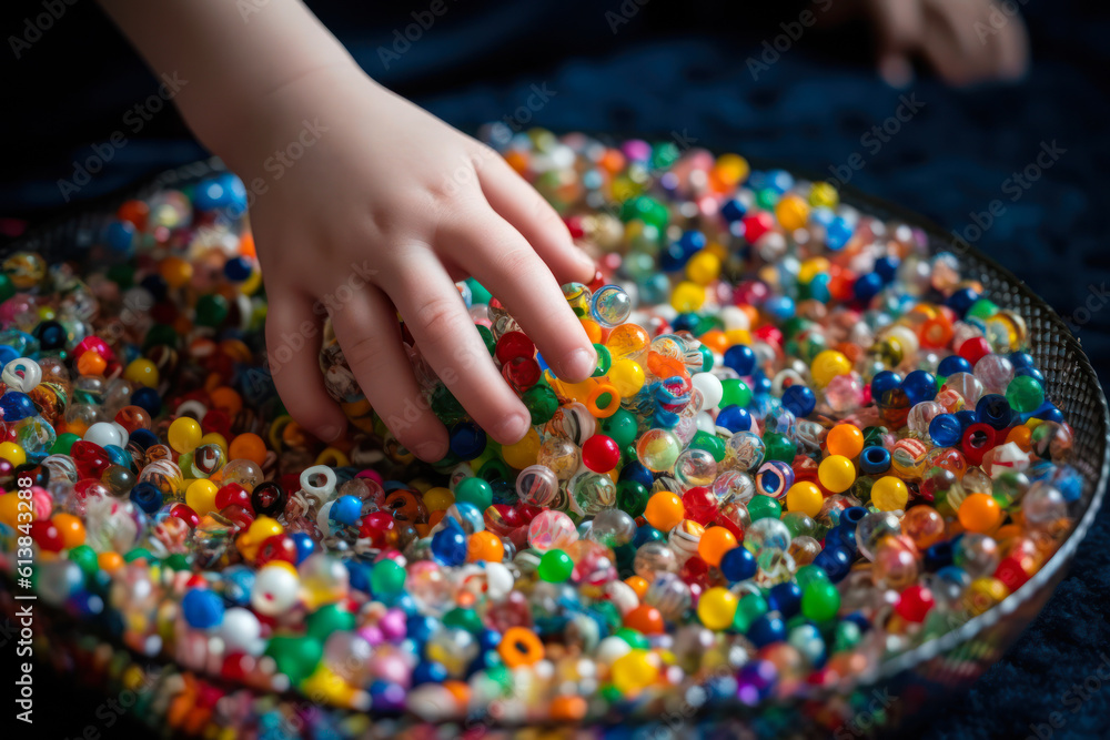 close-up of the hands of a child playing with multi-colored sensory balls for the development of fine motor skills, toys for children with autism generative ai close-up of the hands of a child playing with multi-colored sensory balls for the development of fine motor skills, toys for children with autism generative ai