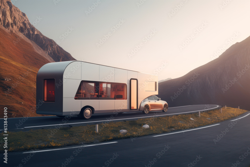 beautiful modern mobile home on an empty road against the backdrop of a beautiful mountain landscape generative ai