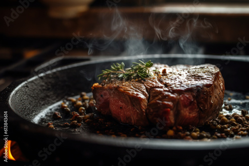 a piece of juicy steak with greens is fried in a frying pan close-up generative ai