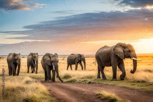 elephants at sunset