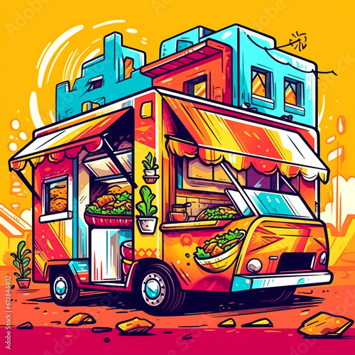 A van with taco and burrito food. Mexican food. Generative AI. Can be utilized for food-related marketing campaigns, restaurant promotions © Katsiaryna