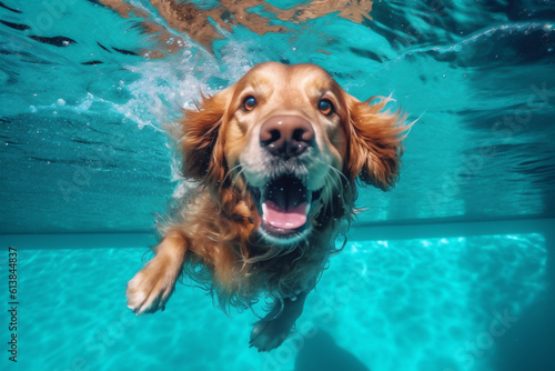 vacation dog fun swimming funny puppy underwater snorkeling pool water. Generative AI.