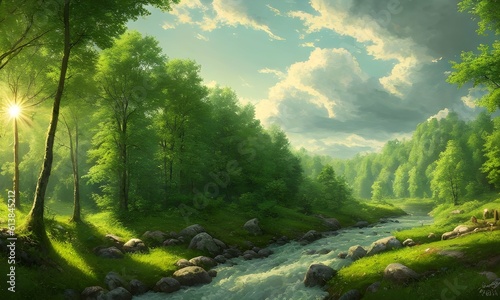 Summer landscape. A beautiful green forest, the sun behind the clouds, a flowing river. matte, crisp focus, Generative AI, Generative, AI