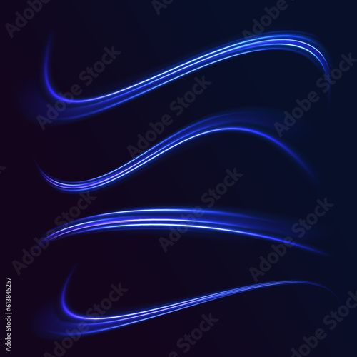 Light line neon swirl effect. Vector glitter light fire flare trace. Bokeh blue light glitter round wave line with sparkling particles. Abstract neon color glowing lines background.