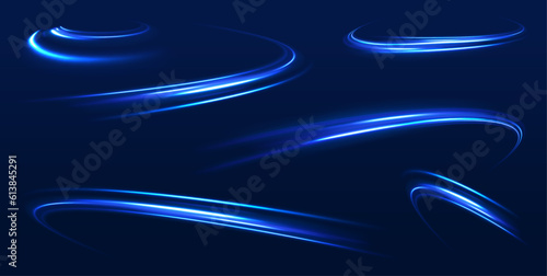Light line neon swirl effect. Vector glitter light fire flare trace. Bokeh blue light glitter round wave line with sparkling particles. Abstract neon color glowing lines background.