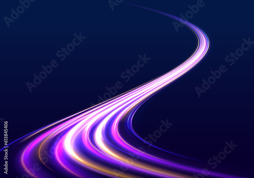 Shiny spiral lines effect neon color glowing lines background, high-speed light trails effect. Futuristic dynamic motion technology. 