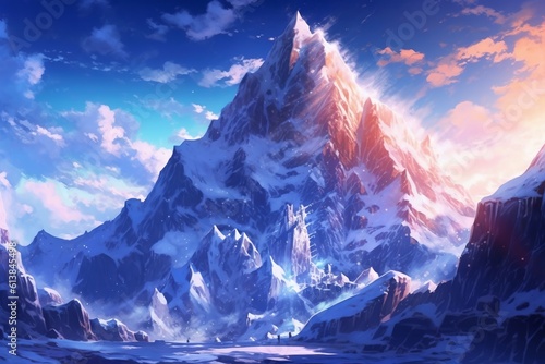 夕日に照らされた雪山：AI作品
