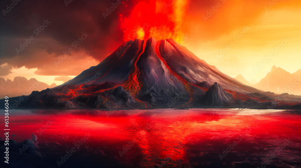 A volcano with orange and red liquid coming out of it