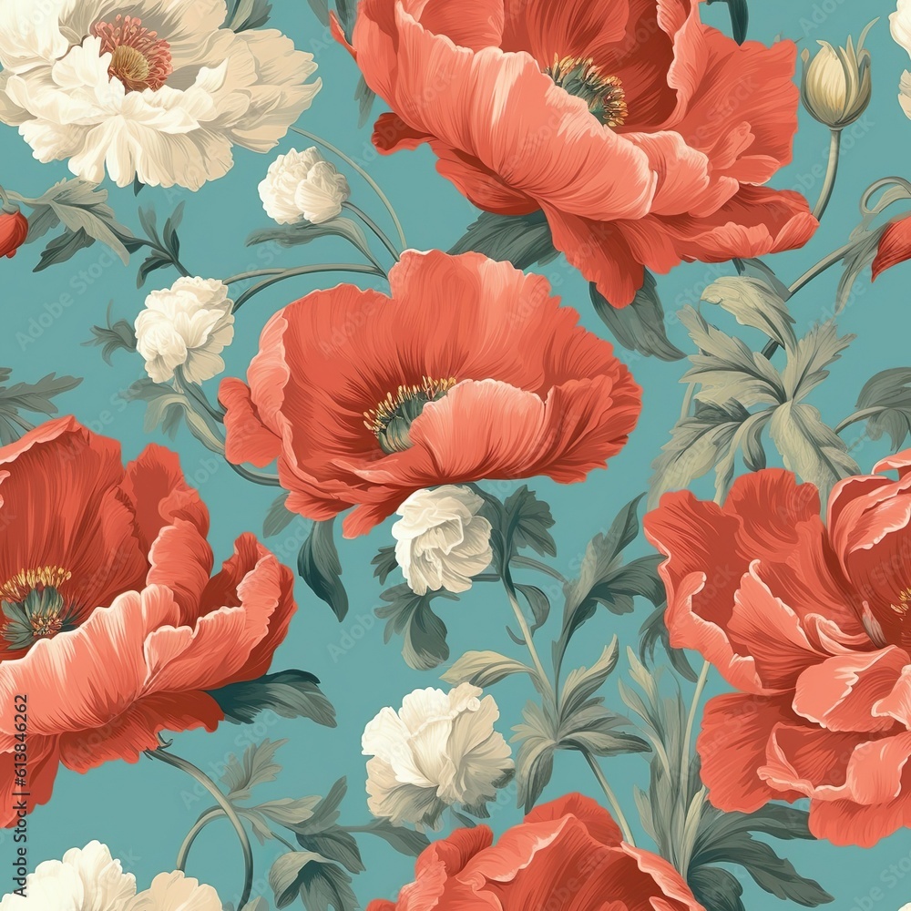 Poppy Flower Pattern, teal Blue Background