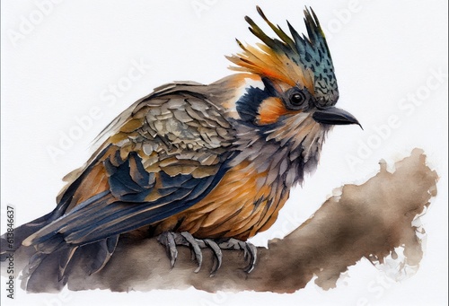 Image of a watercolor drawing of a bird perched on a branch. Generative AI © Agustin