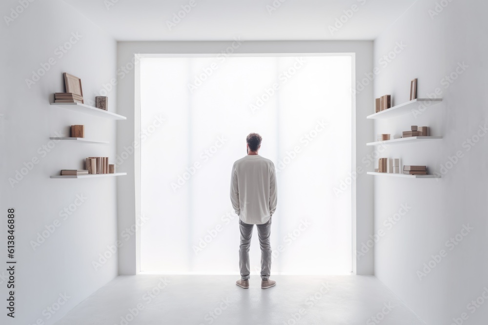 Back view of a man in a light room with the window. Loneliness, mental health, self-exploration concept Back view of a man in a light room with the window. Loneliness, mental health, self-exploration concept