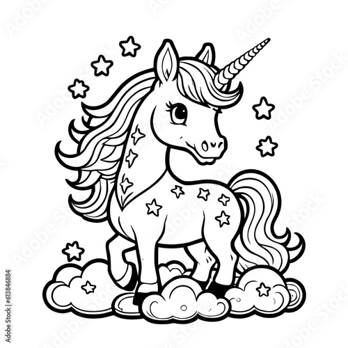 Adorable Rainbow Colored Baby Unicorn Floating on a Cloud  Illustrated Coloring Book