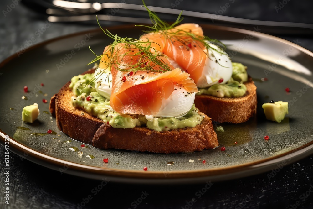 Sandwich with baked salmon and goat cheese on the plate, Generative AI Sandwich with baked salmon and goat cheese on the plate, Generative AI