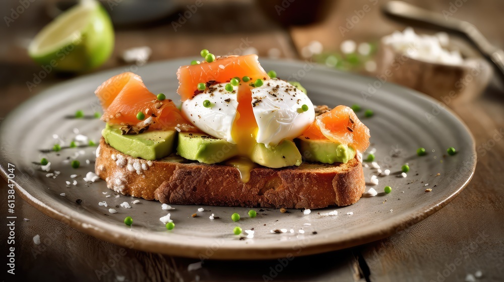 Sandwich with baked salmon and goat cheese on the plate, Generative AI Sandwich with baked salmon and goat cheese on the plate, Generative AI