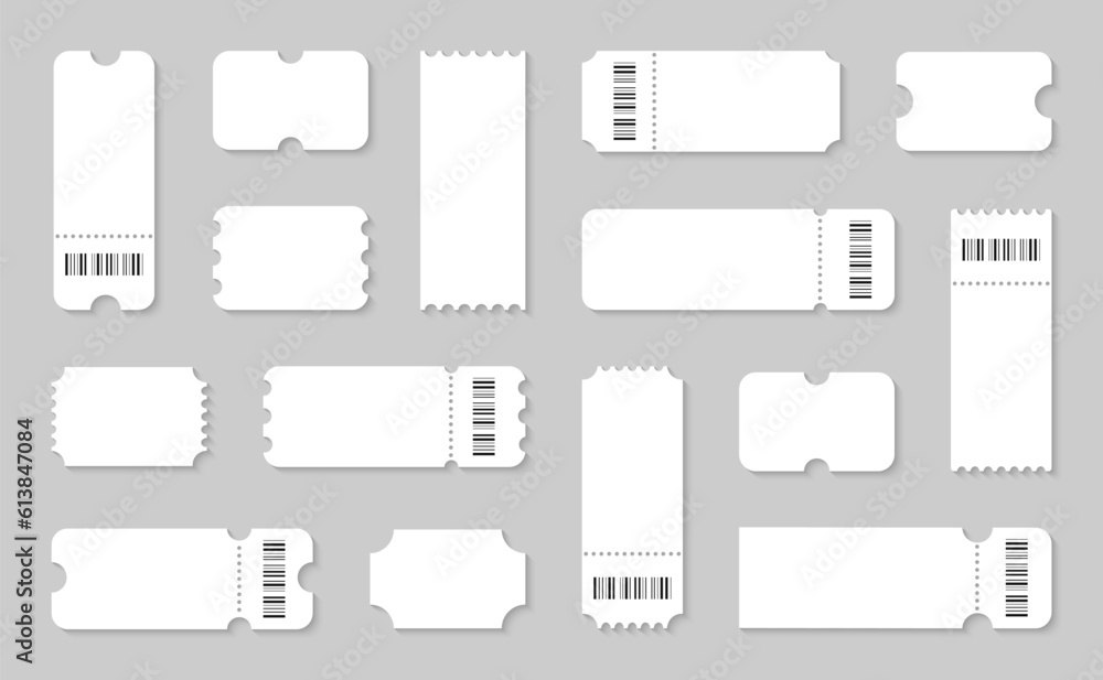 Blank ticket set. Empty ticket template with barcode. Coupons, lotterys ...